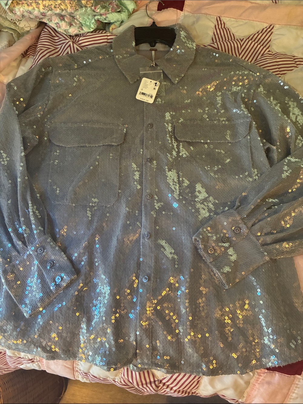 NWT Free People Sequined Button-Up - Silver Gray Sz Medium
